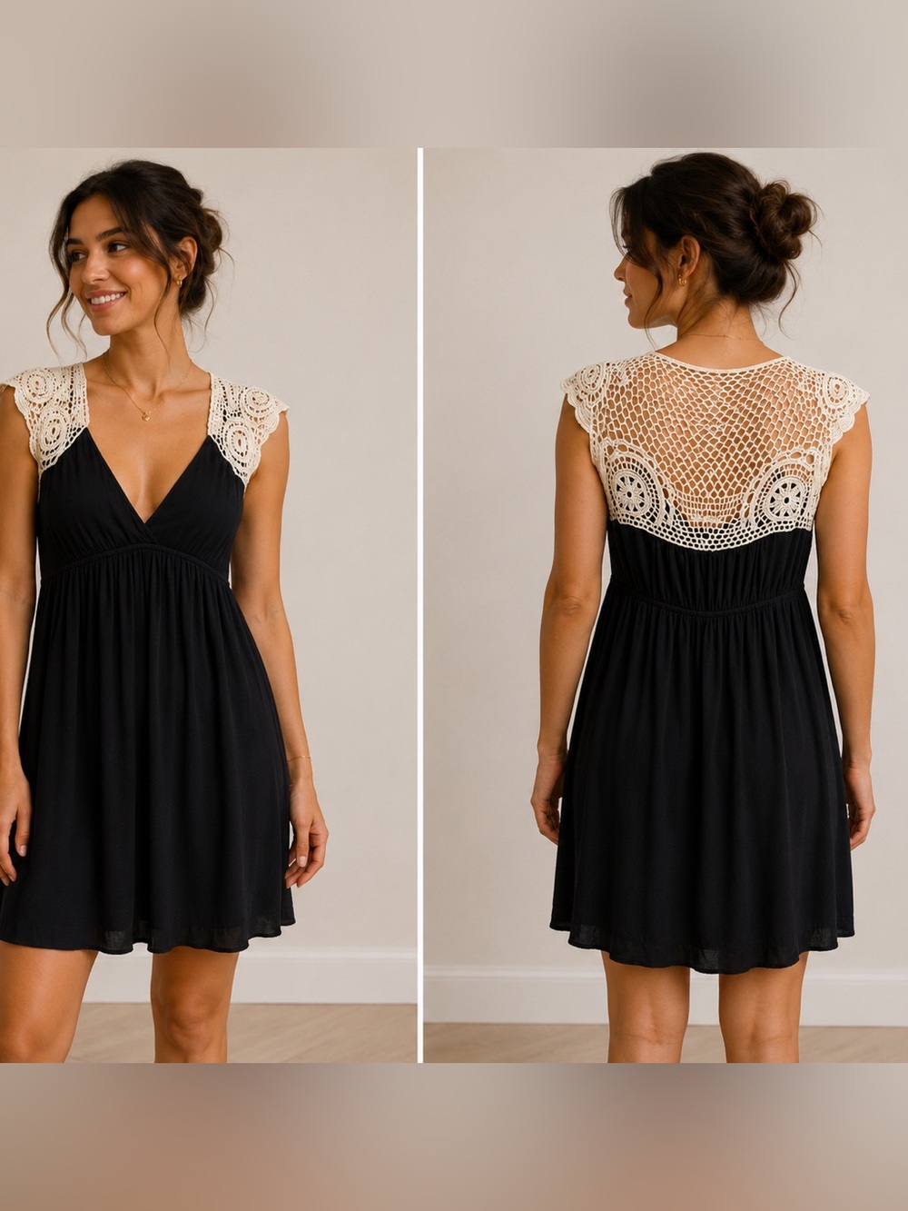Women’s Black Dress with Cream Lace Shoulders